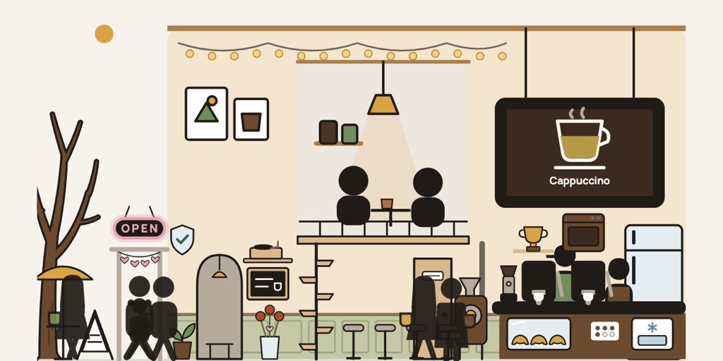 The cafe from the street: the counter, the espresso machine, customers at the bar and a Cappuccino sign.