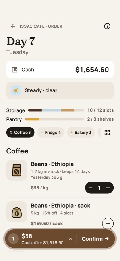 Order screen with beans and milk to buy.